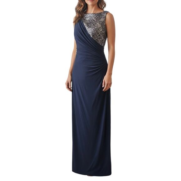 R&M Richards Navy Lace Bodice Draped Evening Gown | Women’s Size 10 - Picture 1 of 8